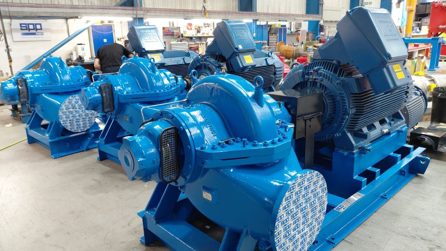 SPP split case pump sets on the assembly floor
